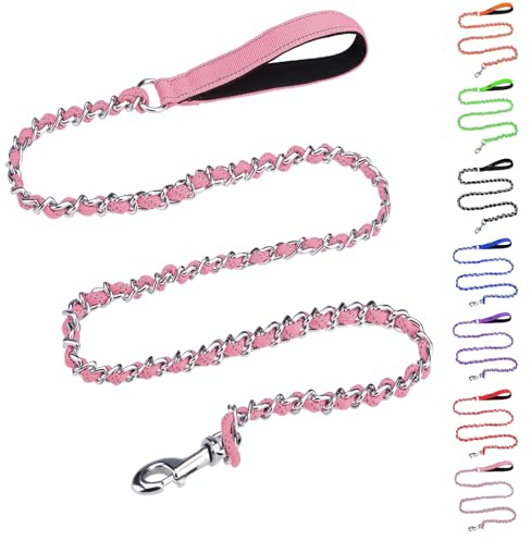 HOMIMP Chew Proof Dog Leash for Medium Large Dogs, Reflective 6 FT Heavy Duty Metal Chain Dog Leashes with Soft Padded Handle, Anti Bite Durable Rope Leashes for Pitbull, Non Chewable, Light Pink