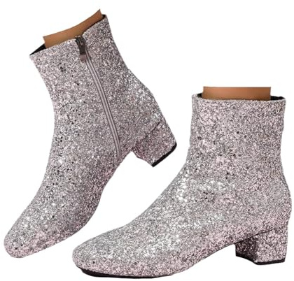 Xbemkste Ankle Boots Women's Chunky Heels Ankle Boots Glitter Short Shaft Boots with Zip Party Wedding Shoes Elegant Women's Boots Chic Wide Shaft Boots, silver, 8 UK