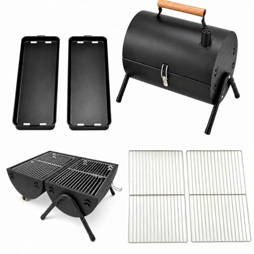 Barbecue a carbonella portatile, affumicatore doppio lato con camino, braciere esterno con manico in legno, 2 griglie e 2 vasche per carbone, per 4-6 persone, giardino e feste