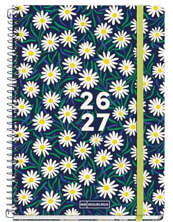 Miquelrius - Skolkalender 2026 2027 dag per sida A5+, prästkragar | 10 månader, 15,5 x 21,5 cm, fodrad kartong, metallspiral, innerficka, klistermärken, bokmärkeslinjal, spansk-EN