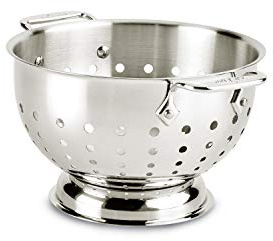All-Clad Tools and Accessories Stainless Steel Colander 3 Quart Strainer, Pasta Strainer with Handle, Pots and Pans Silver