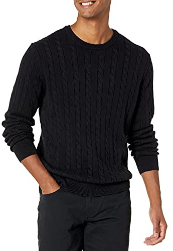 Amazon Essentials Men's Crewneck Cable Cotton Jumper, Black, L