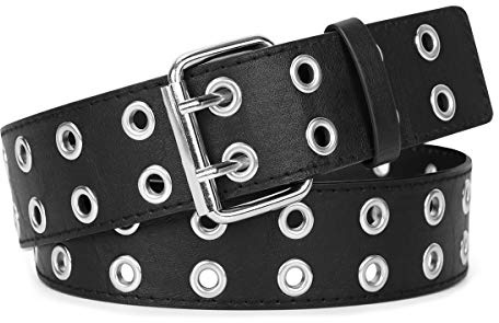 WERFORU Double Grommet Belt PU Leather Punk Belt for Women Black Studded Belts 1.5 Wide