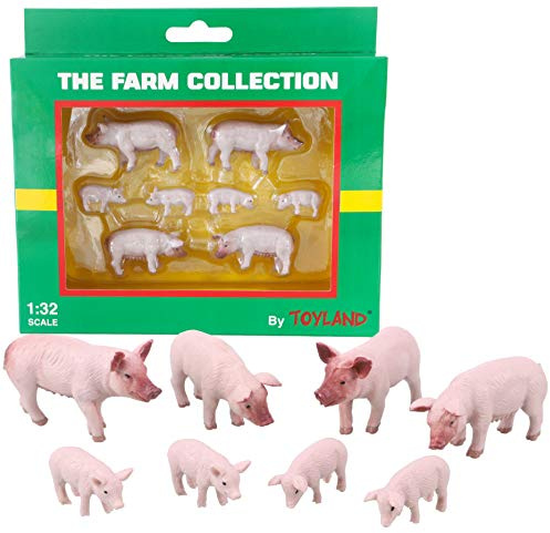 Toyland Lot de 8 Grands cochons Blancs et porcelets à l'échelle 1:32 - Figurines d'animaux - The Farm Collection - Figurines de Collection