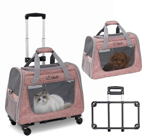 PETCUTE Transportín Plegable para Mascotas,Transportín Perro Pequeño con Ruedas, Transportín para Gatos con Colchón Suave y Hebilla de Seguridad,Viajar en Tren/Automóvil/Restaurante/Avión,Rosa claro