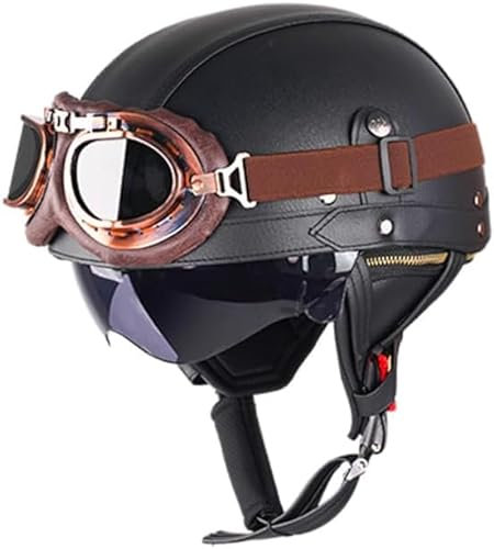 Retro Helm Motorradhelm Lederhelm Jethelme Vintage Mopedhelm Mit Brille ECE Zertifiziert Motorradkreuzer-Rollerhelm im Deutschen Stil (Eisenhaltig,M/57-58cm)