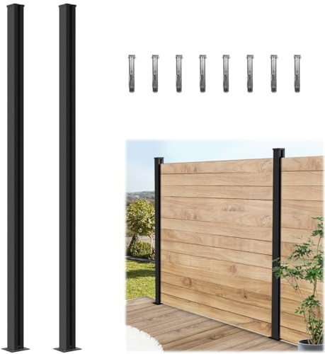 2 Line Post for 6ft Outdoor Privacy Fence Panels, Matte Black Metal Wood Fence Post, No Dig Hard Surface Mount. (2 Posts for 180 Degree)
