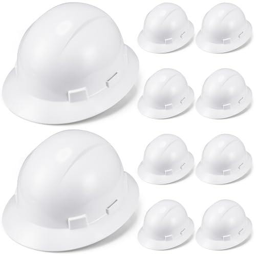 Saysurey 10 Pack Full Brim Hard Hat, White Construction Hard Hat, HDPE Safety Helmet with 6-Point Adjustable Ratchet Suspension for Men and Women, Meets ANSI Z89.1 Type I Class E Protective Equipment