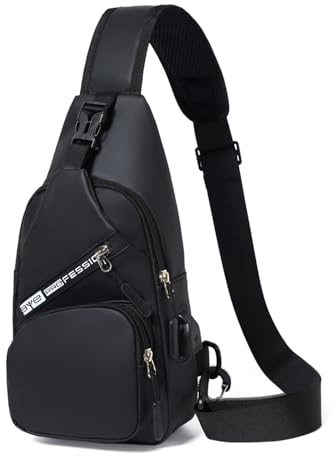 Vpoofree Bolso Hombre de Pecho,Bolsa Bandolera Hombre,Sling Bag con Puerto de Carga USB,Mochila Cruzada Hombro,Impermeable Bolsa,Pecho Ligera Bandolera Mochila para Viajar,Correr,Ciclismo(Negro)