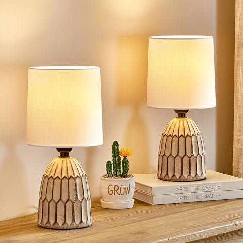 GyroVu Nachttischlampe 2er Set Keramik, Boho Tischlampe, E27 Fassung, Kleine Bedside Lamp für Schlafzimmer Nachttisch Wohnzimmer Leselampe Beistelltischlampe Dekolampe Bürolampe
