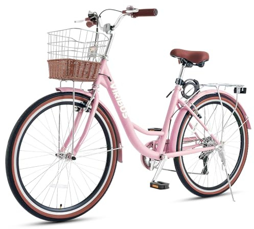 Viribus Women’s Comfort Bike, 24 Inch 7 Speed Bicycle for Women, Beach & City Cruiser Bike with Rattan Basket Steel Rack, Step Through Bike for Women Youth Adults, Pink