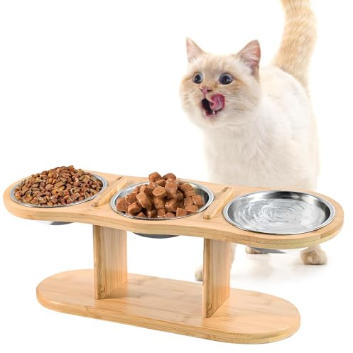 LEKEFETO Ciotola per Gatti Rialzata: Stazione di Alimentazione per Gatti con 3 Ciotole in Acciaio Inox, Ciotola per Gatti Rialzata con Altezza Regolabile e Supporto in Legno, Ciotola Elevata per Cibo
