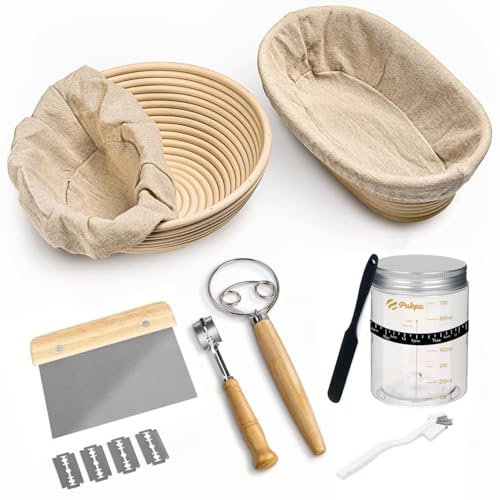 Neuytiky Brotbackset 8-Teiliges,Gärkorb Set,Brot Gärkörbchen aus Peddigrohr,Sauerteig Starter Set und Komplettset Backzubehör,zum Brot backen,Brotkörbchen,Brotform