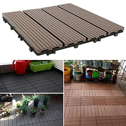 Revêtement de sol Intérieur et extérieur, Lot de 11 Panneaux composites en bois plastique - 30 x 30 cm - Pour balcon, jardin, terrasse (Couleur de café)