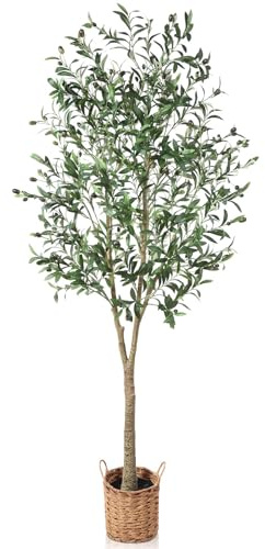 Zvezvia Olivträd, 180 cm, artificiell växt, krukväxt, stor plastväxt med vävd blomkruka, konstgjort olivträd, konstträd, som äkta, dekoration för vardagsrum, sovrum, kontor, trädgård och balkong