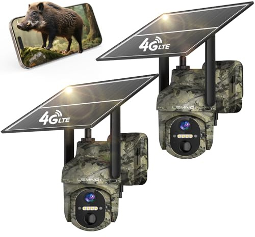 LEMNOI 2 pezzi Fotocamera da caccia, 4G Fototrappola Solare con Scheda SIM Preinstallato, Telecamera Solare 2K PTZ Esterna con Pannello Solare, Visione Notturna a Colori, Rilevamento PIR