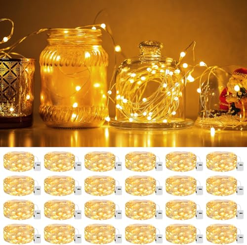 litogo 24 Pack 7FT 20 LED Fairy Lights Battery Operated, 3 Lighting Modes, Bulk Mini Twinkle String Lights Waterproof Silver Wire for Weddings Mason Jars Party Christmas Decorations-Warm White
