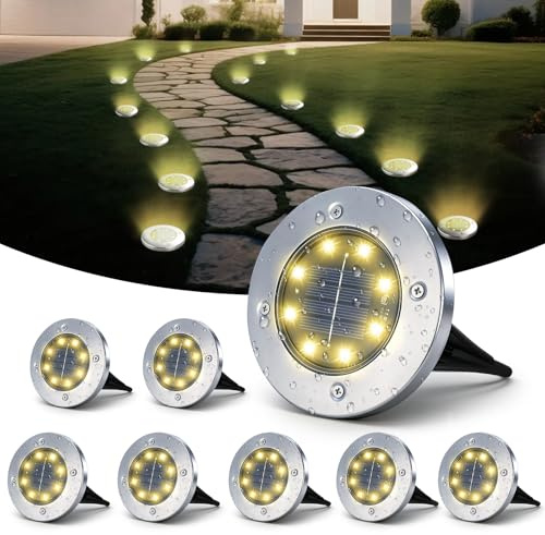 SLWOO Solar Lights Outdoor Garden - 8 Pack Solar Ground Lights, 8 LED Warm White Solar-Powered Disk Light Outdoor, IP65 Waterproof Landscape Lighting for Garden Pathway Lawn Patio Yard