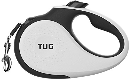 TUG 360° Tangle-Free Retractable Dog Leash | 16 ft Strong Nylon Tape | One-Handed Brake, Pause, Lock (Medium, White)
