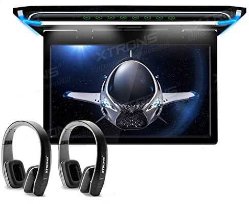 XTRONS 15.6 Inch Ultra-thin Car Ceiling Roof Mounted TFT 180° Max Open Angle 1080P Video Car Overhead Player Roof Mounted Monitor with HDMI/USB/SD Door Control 2 pcs Black IR Headphones Included