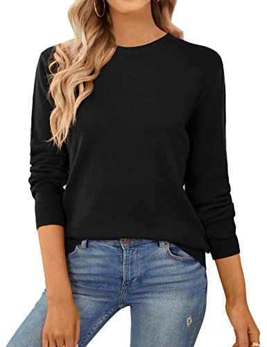 QUALFORT Women's Sweaters Crewneck Sweater 100% Cotton Soft Knit Pullover Tops Black Small