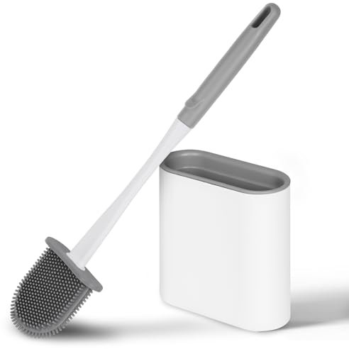 Vicloon Silicone Toilet Brush Set with Quick Drying Holder, Flex Toilet Brush with No-Slip Handle and Flexible Silicone Soft Bristle for Deep Toilet Gap Cleaning (White)