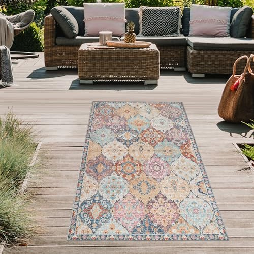 Teppich-Traum Orientteppich für Indoor Flur & Outdoor Balkon | wunderschöne Ornamente | bunt Größe 80 x 300 cm