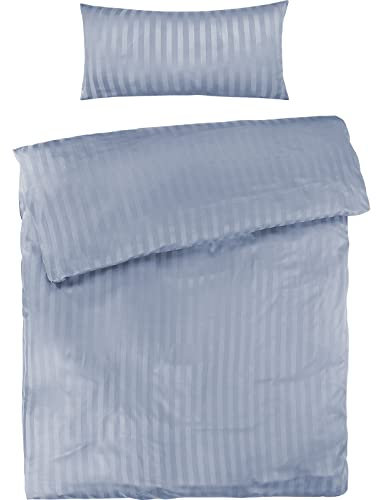 Pure Label Mako Satin Damast Streifen Bettwäsche hellblau 135 x 200 cm mit Kissenbezug 40 x 80 cm aus 100% Baumwolle | Traumhaft weiches Mako Satin Bettwäsche Set in Uni