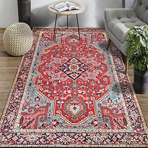 Rururug Rechteckig Teppich Moderner Läufer Orientteppich Kurzflor Flur Schlafzimmer Küche Wohnzimmer rutschfest Waschbar, Rote Blume mit Bordürendesign 80 x 200 cm