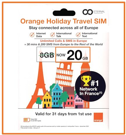 Preloaded Orange Travel Sim Card Now with 20GB of 4G Data, Unlimited Calls & SMS in Europe, 30 mins & 200 SMS from Europe to Worldwide (Lasts for 31 Days). Tethering Allowed