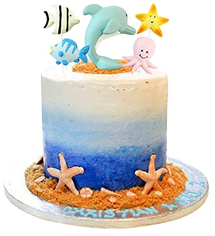 5 Stück Harz 3D Delphin Tortenaufsatz Figur mit 2D Meeresfisch Oktopus Seestern Kuchenaufsatz Picks Meerestiere Thema Babyparty Kindergeburtstag Party Kuchen Dekorationen Zubehör