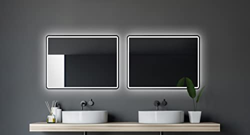 Talos Specchio da bagno a LED, 80 x 60 cm, adatto per ambienti umidi, con illuminazione opaca, cornice in alluminio nero