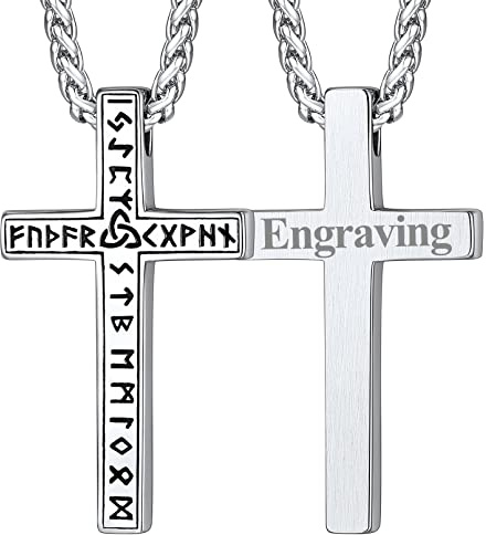 FaithHeart Mens Necklace Stainless Steel Rune Cross Pendant, Silver Custom