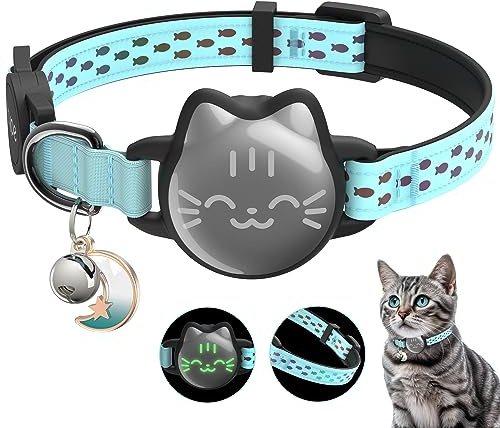 Waterproof Airtag 2nd & 1st Cat Collar, Breakaway Cat Airtag Collar with Luminous & Reflective Pattern Strap, Lightweight Kitten Collars for Apple Air tag, Hidden Holder - Cats, Kittens
