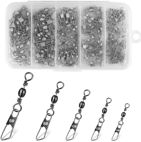 Nelxsene Angelwirbel mit Karabiner Set 100 Stück Barrel Wirbel Angeln Forellen Angelzubehör Wirbel 5 Größe 7# 8# 10# 12# 14# Edelstahl Fischköder Angel Wirbel für Salzwasser Kugellagerwirbel