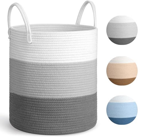 Hnyoou Laundry Basket, Large Baby Toy Laundry Basket Washing Woven Storage with Handle Cotton Rope Blanket Rope Storage Basket for Living Room, Bedroom, Dark Gray