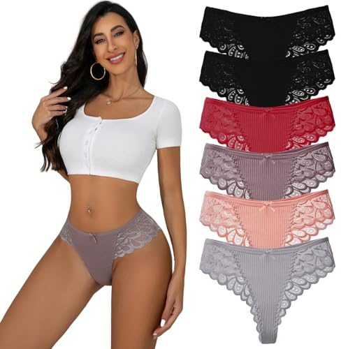 Hialegion Lot de 6 Tangas en Dentelle Femme Taille Haute Invisible et Respirant Culotte Sexy sans Couture en Nylon Confort S-4XL