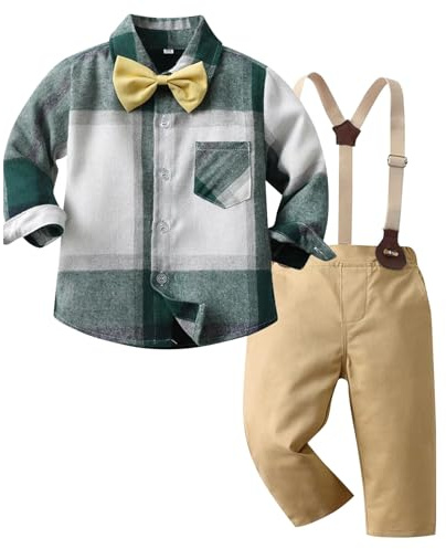 Kunyeah Boy Gentleman Plaid Outfits Toddler Long Sleeve Shirt with Bow Ties Suspenders Pants Kid Dress Suit for 1-7 Years
