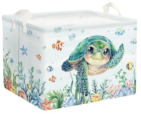 Clastyle Cajas de Almacenaje Verde Mar Tortuga Peces con Asa Cesta para Guardar Hierba Animal Ropa Juguetes Plegable Rectangular para Habitación Infantil Dormitorio, Tortuga marina, 40x30x30 cm