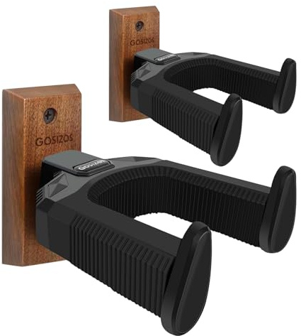 Gosizos Soporte Guitarra Pared, Auto Locking Colgador Guitarra Pared para Guitarra Acústica Eléctrica, Bajo, Banjo, Mandolina y Accesorios para Guitarra (Madera 2pcs)
