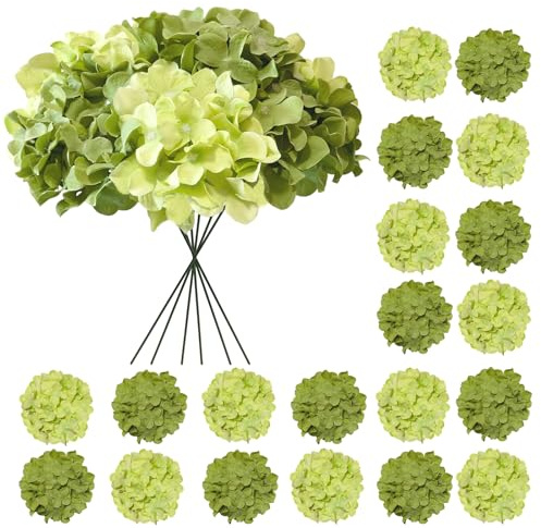 Cherica Hydrangea Artificial Flowers, 20 Pcs Green Hydrangea Artificial Flowers Bulk, Faux Hydrangea Flowers for Outdoor, Fake Silk Hydrangea Flowers with Stems for Wedding Decoration Decor