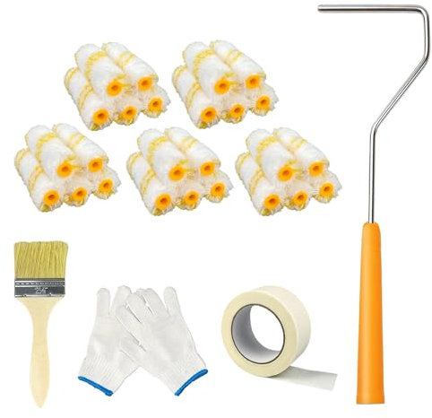 4 Inch Mini Paint Roller Set for DIY Painting with Emulsion Paints on Walls & Ceilings, Including 25x Replacement Pile Woven Paint Roller Sleeves, Roller Frame, Paint Brush, Gloves, Masking Tape