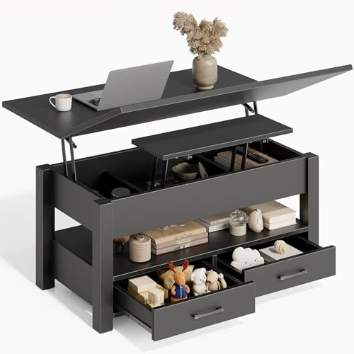 Rolanstar Höhenverstellbarer Couchtisch mit 2 Schubladen, 100 x 50 cm Wohnzimmertisch aus Holz,Platzsparend & Einfach Montiert für Schlafzimmer, Schwarz