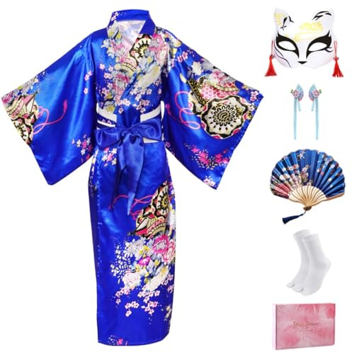 CRFASIBE 5 Pezzi Bambini Giapponesi Kimono Robe, Ragazza Yukata Geisha Vestito Accappatoio per Spa, Seta Kimono Cosplay Abbigliamento con Accessori per Feste Maschera(Blu Marino,150cm)