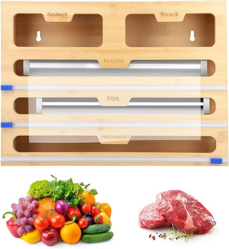 Dispensador y cortador de película adhesiva 5 en 1, dispensador y cortador de láminas de estaño, dispensador de papel de aluminio, para cajón de cocina, soporte de papel de bambú, 40 cm, organizador