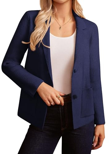 Grace Karin - Blazer da donna a maniche lunghe lavorato a maglia, due bottoni, colletto a revers, business casual, cardigan da ufficio, blu navy, L