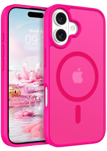 ROUMAYMAY Coque pour iPhone 16, Magnétique Fort [Compatible avec MagSafe] Mat Lisse Translucide Protection de Qualité Fine Mate Coque de Téléphone Aimanté pour iPhone 16 Rose Fluo