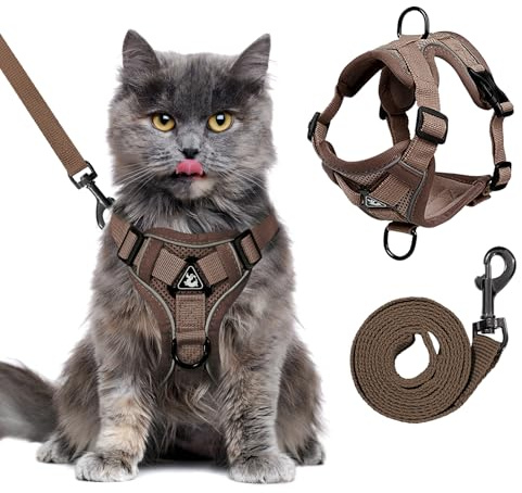 Escape Proof Cat Harness and Leash Set for All Types of Cats - Adjustable Reflective Soft Mesh Vest with 4 Buckles, Breathable Walking Harness for Kittens to XL Cats