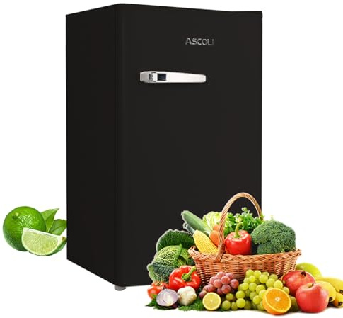 ASCOLI Retro Fridge 85L, Compact Refrigerator, Under Counter Fridge, Direct Cooling, Super Quiet, Adjustable Racks, Metal Handle, Mechanical Control, Led Light