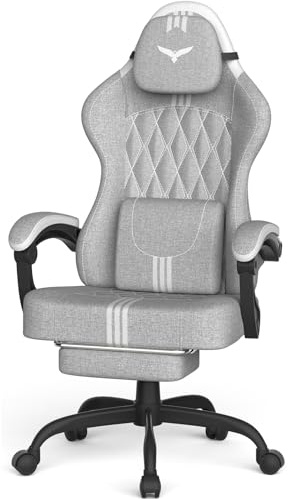 Ferghana Sedia Gaming Ergonomica - Supporto Lombare, Poggiatesta, Poggiapiedi, Altezza Regolabile, Girevole, Tessuto Lino Traspirante, Adatta anche come sedia ufficio, scrivania, PC (Grigio-Bianco)